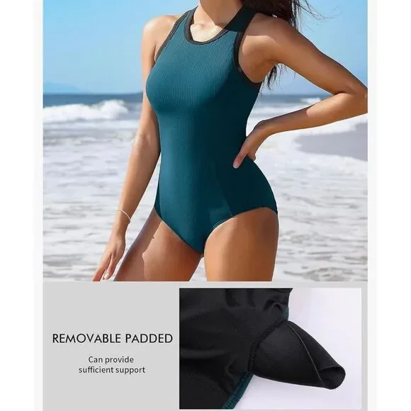 Charmo Women One Piece Swimsuit Zipper Back Ribbed Swimwear Sporty Racerback M - Picture 3 of 8